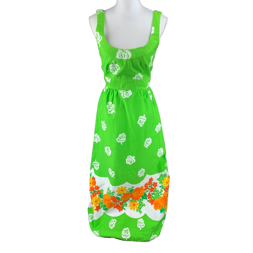 70s Malia Vtg Honolulu Green Neon Rainbow Island Hawaiian Maxi Dress Boho Floral - Picture 3 of 16